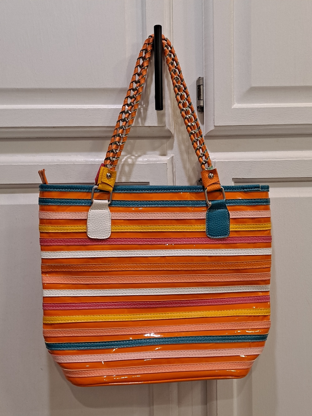 Striped Orange Multicolor Faux Leather Tote Bag with Braided Handles